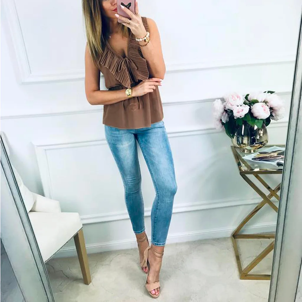 Moda Feminina Blusas сексуальные топы с v-образным вырезом на шнуровке размера плюс с оборками Camisas Sólidos casual Magro blusas