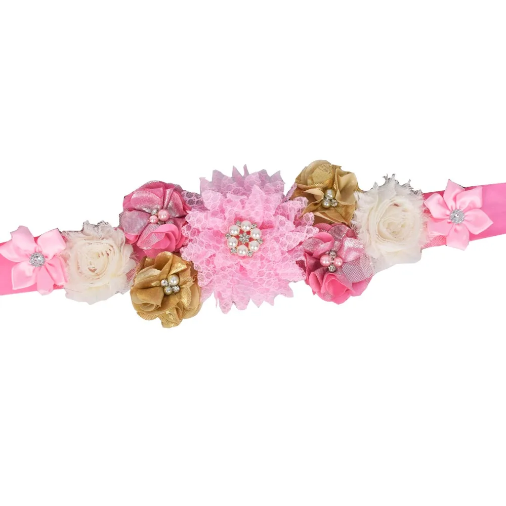 Theeper Pink/Gold Flower Maternity sash Pregnancy Flower belt Baby Shower Belly Belt Photo Prop Flower Girls Belt Wedding Sash