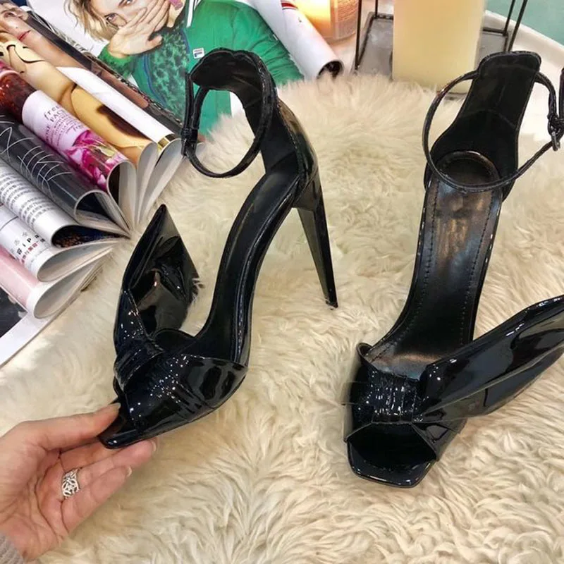 Summer Sexy Women Butterfly Knot Sandals Patent Leather Spike Thin High Heels Peep Toe Bowtie Ankle Strap Sandalias Summer Sexy Women Butterfly Knot Sandals Patent Leather Spike Thin High Heels Peep Toe Bowtie Ankle Strap Sandalias