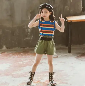 

2020 New Style Children's Clothes Suit Girls Summer Striped Vest Set Teen Kids Shorts Outfits Baby Girls Clothing Tracksuit