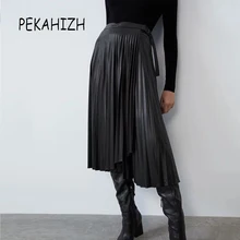 Винтажные юбки из искусственной кожи, Женская плиссированная юбка с высокой талией, зимняя шикарная черная длинная юбка с бантом, женская уличная юбка