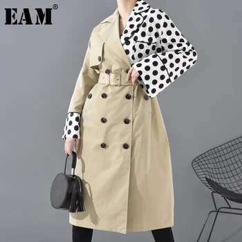 

[EAM] Women Dot Printed Split Joint Big Size Trench New Lapel Long Sleeve Loose Fit Windbreaker Fashion Tide Spring 2020 OA70104