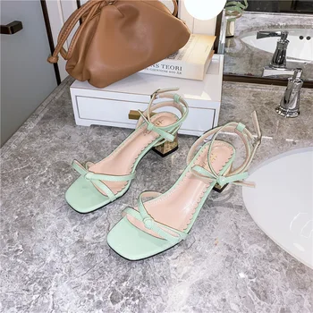 

2020 Summer High Heel Sandal For Women Roman Sandals Block Heels Bow Shoes Buckle Strap Suit Female Beige Ladies Heeled