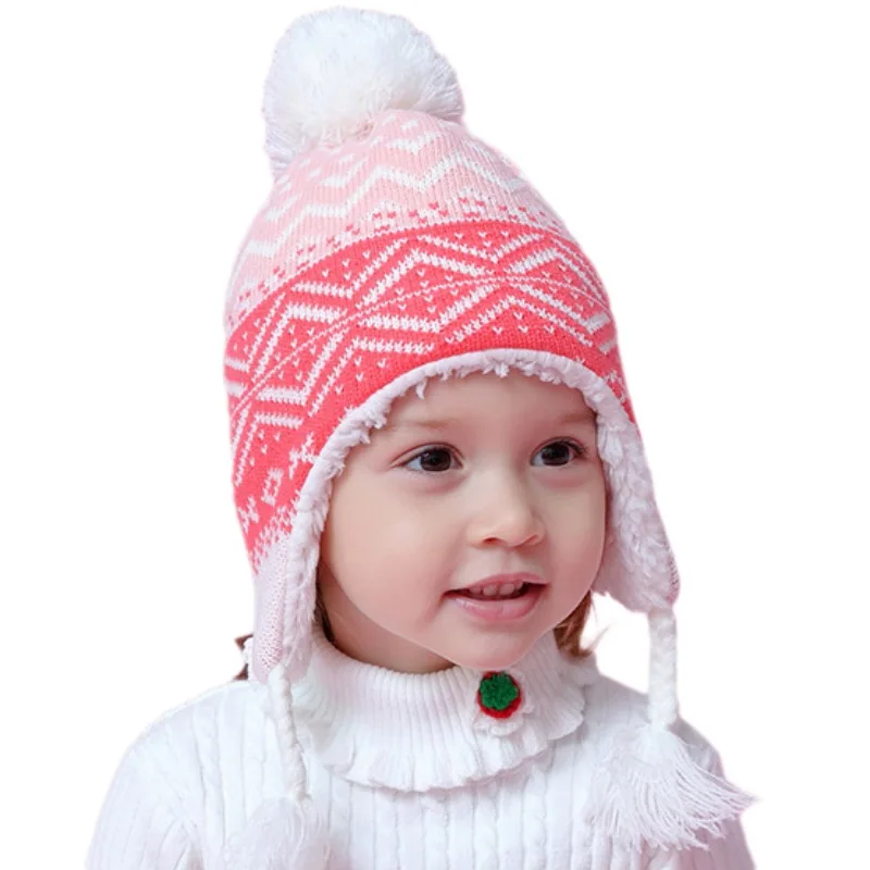 Autumn Winter Kid Hats Rhombus Pattern Cute Woolen Yarn Knitting Fleeced Hat With Ear Protectors Knitted Children's Hats