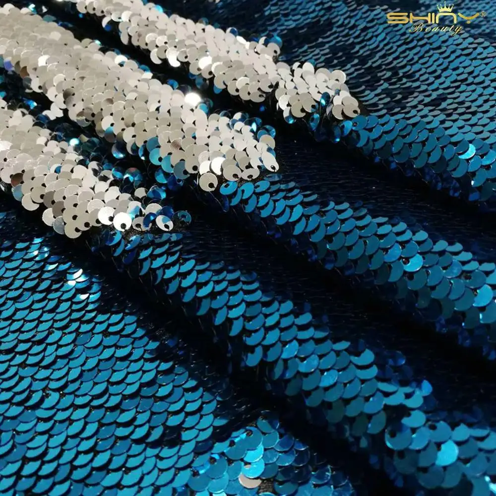 Turquoise to Silver 4 ярдов материал с пайетками зеленый 5 мм Серебряный Русалка из ткани с двусторонними блестками вечерние украшения блестящая ткань для Clothing-M191010 - Цвет: Turquoise to Silver