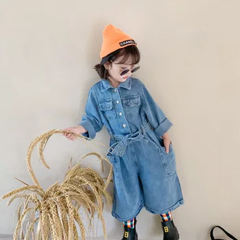 

2020 Autumn New Baby Girls One-Piece Lapel Jumpsuit Toddler Children Denim Casual Loose Jeans Belt Fashion Baby Rompers