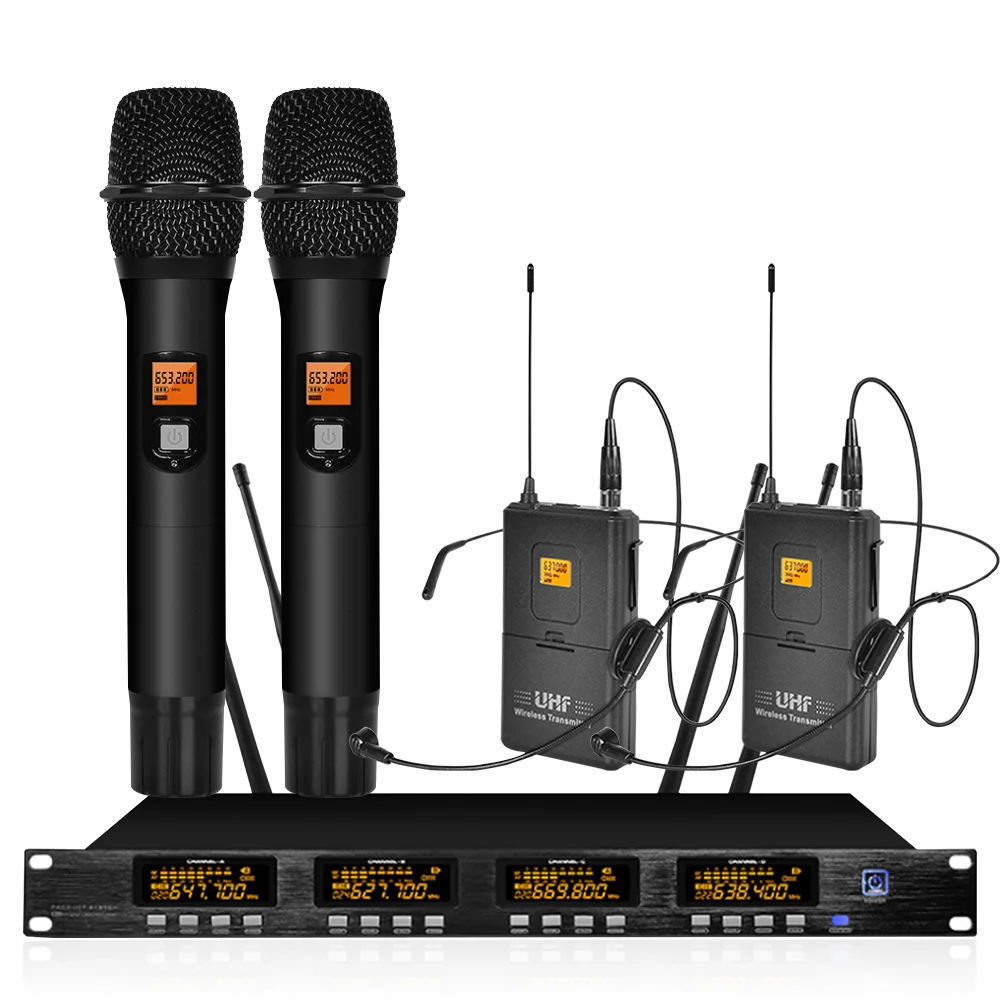 

Wireless microphone system frequency adjustable professional UHF dual handheld dual headset microphone wireless