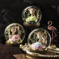 2021 Newest Preserved Flower And Elk In Glass Dome LED Ornaments Decoration Rose Flower Valentine's Day Tanabata Christmas Gift