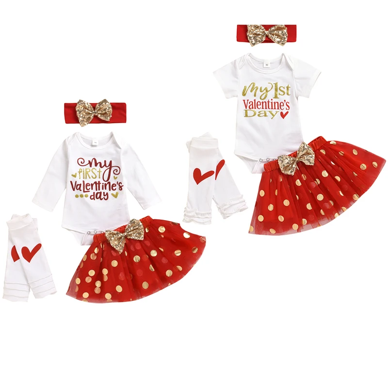 

Valentine's Day Toddler Baby Girls Clothes Sets Letter Print Romper Tops Lace Skirt Headband Clothes 4PCS