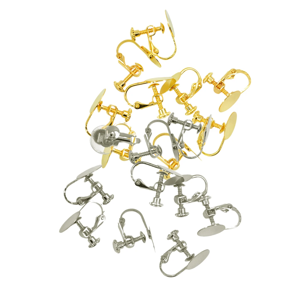 20pcs Gold silver color Tone Blank Earrings Bases with 12mm Flat Glue Pad Clip On Screw Earring Jewelry Findings for Non Pierced Ears