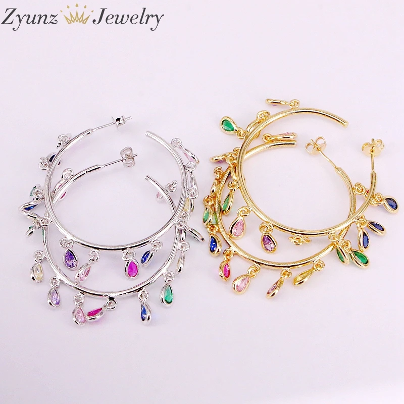 

4Pairs, Cz Micro Pave Zirconia Drop Charms Gold/ Silver Color Earring Studs Multicolor Fashion Rainbow Crystal For Women Girls