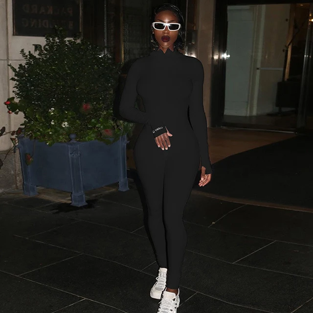 Plus Jumpsuit For Women Romper 2020 Lucky Label Long Sleeve Casual Skinny Turtleneck Catsuit Zipper Sport Wear Bodysuit Black Black