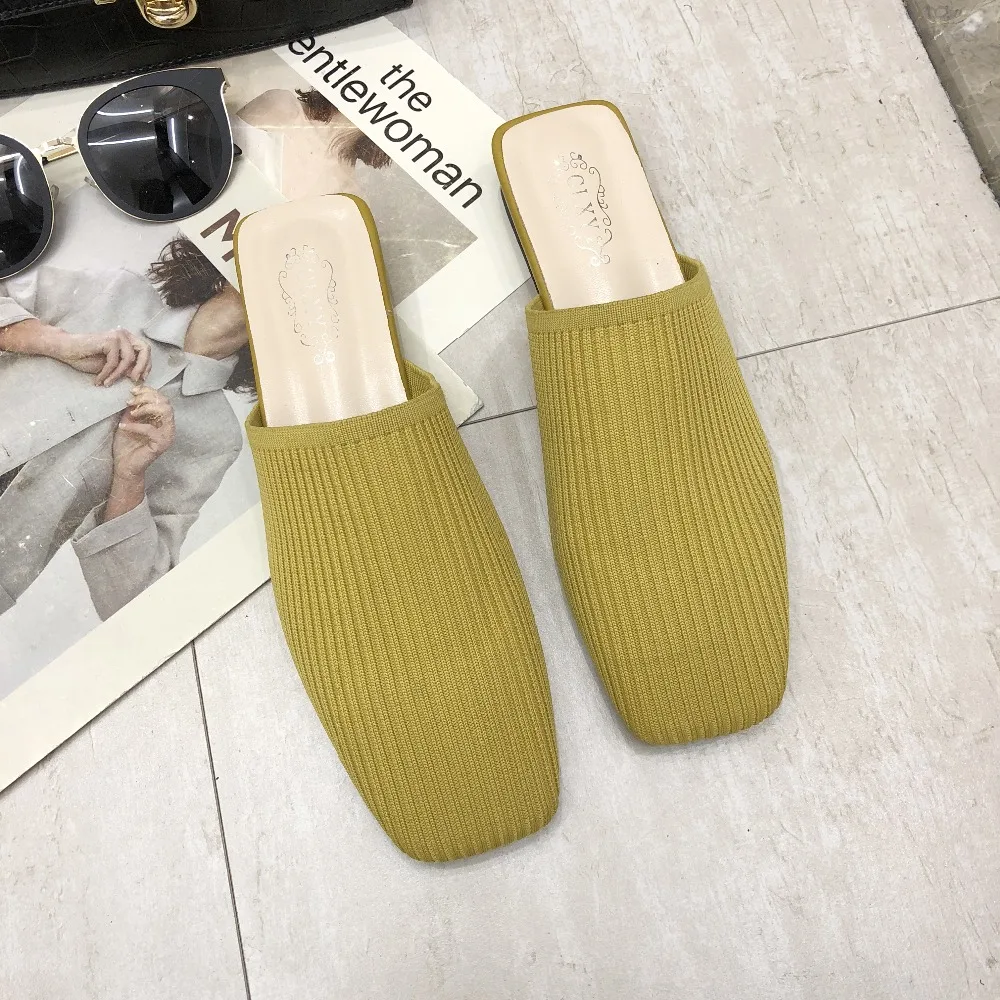 Women Mules Slippers Women Summer Flats Sandals Knit Fabric Stretch Slides Holiday Beach Shoes Square Heel Square Toe Flats