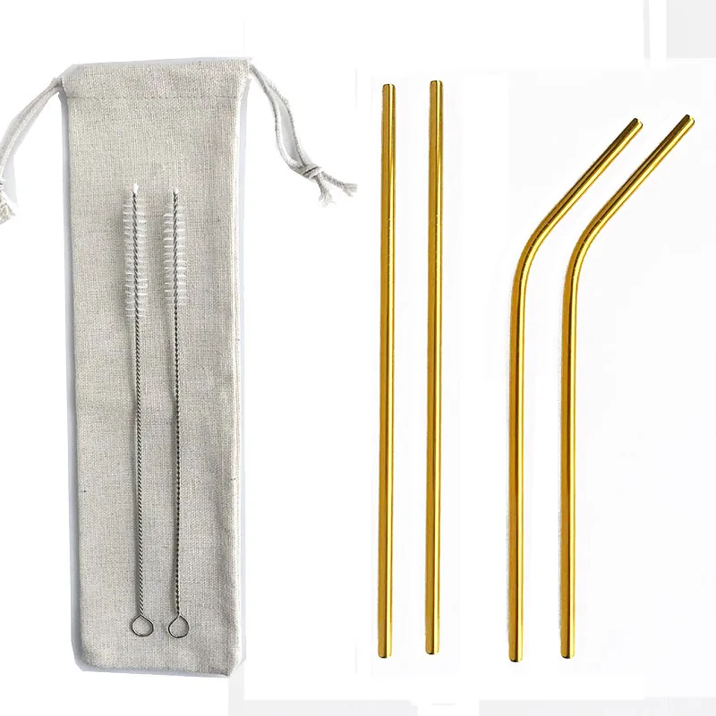 Gold 7Pcs 4/7 шт многоразовые 215*6 мм металлический питьевые соломки, Нержавеющая сталь гнутые прямые соломинка для напитков бар вечерние оптом с сумочкой в комплекте; Новинка; Прямая поставка - Цвет: Gold 7Pcs