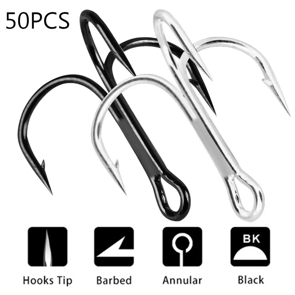 50Pcs Fishing Hook Stainless Steel Treble Overturned Hooks Fishing