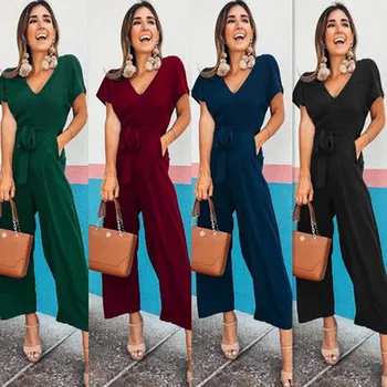 

Office Ladies Summer Solid Color Casual Playsuit Elegant Womens V-Neck Sexy Strap Slim Sleeveless Bodycon Jumpsuit 2020