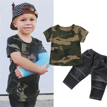 

Fashion Toddler Infant Baby Cotton camouflage Print Short Sleeve T-Shirt Tops Long Jeans Pants Outfits Clothes Set Size 1-5T