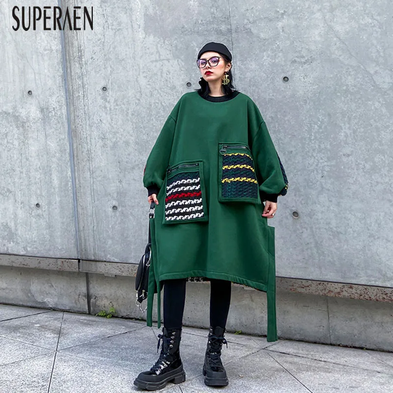 SuperAen, модная Длинная толстовка с капюшоном, женские свитшоты, вельветовые, новинка, осень и зима, большие размеры, свободные свитшоты для женщин