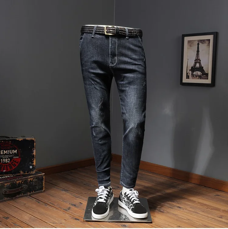 Зимние Для мужчин высокое качество теплая Slim Fit синие джинсы HJ03