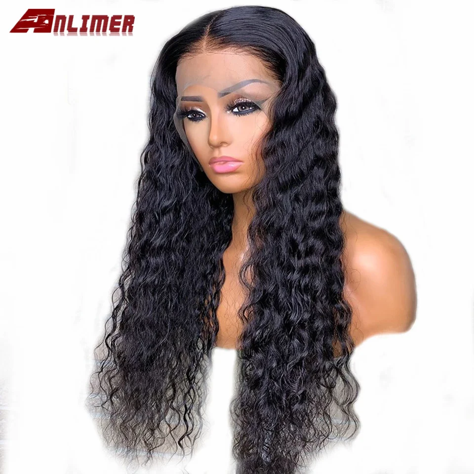 Anlimer глубокая волна парик 13x4 Синтетические волосы на кружеве человеческие волосы парик 150 плотность Реми влажные и волнистые волосы парик синтетические парики для чернокожих Для женщин