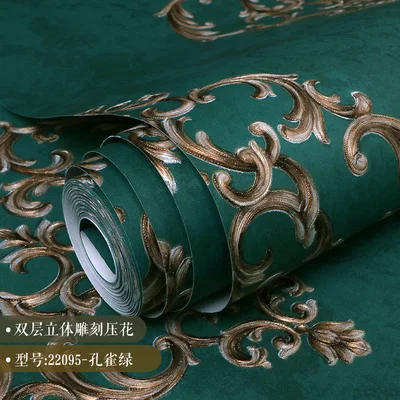 3 High quality 3D stereo pressed European style peacock green wallpaper luxury non-woven Damascus wallpaper bedroom TV background - Цвет: 3