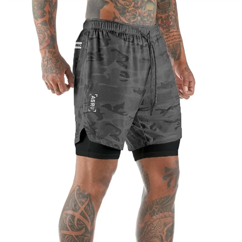2020 New Camouflage Men 2 in 1 Running Shorts Jogging Gym Fitness Training Quick Dry Beach Short Pants Male Summer Sport Workout