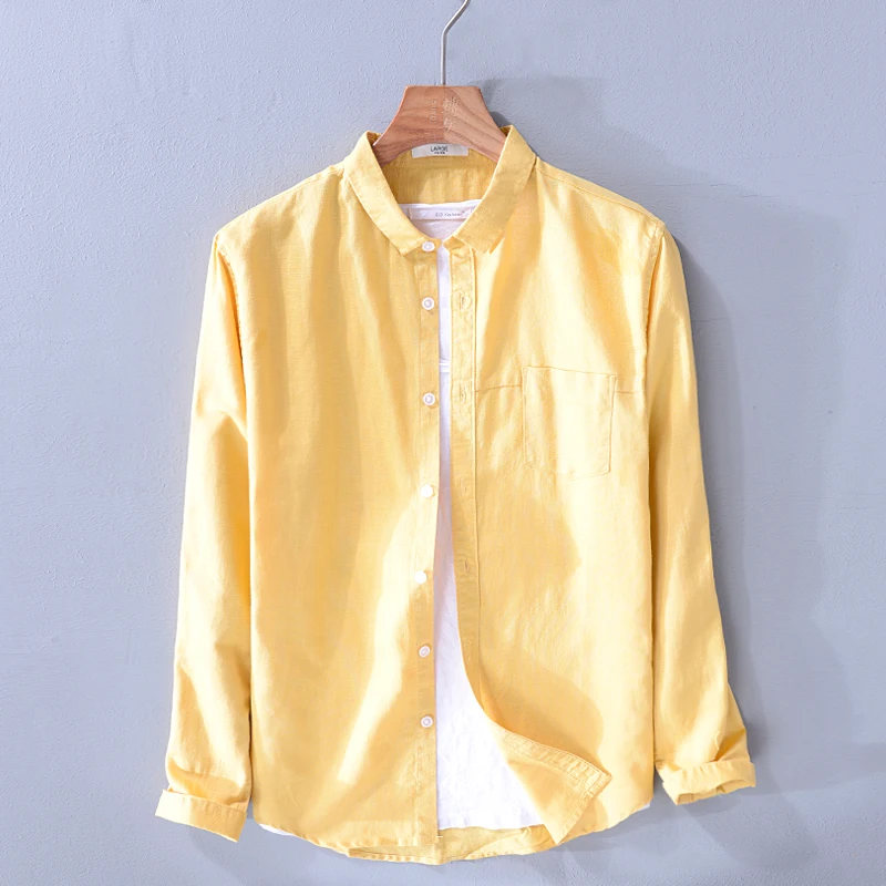 

New arrival long-sleeved brand shirt men fashion spring lemon-yellow solid shirt mens casual flax breathable shirts male chemise