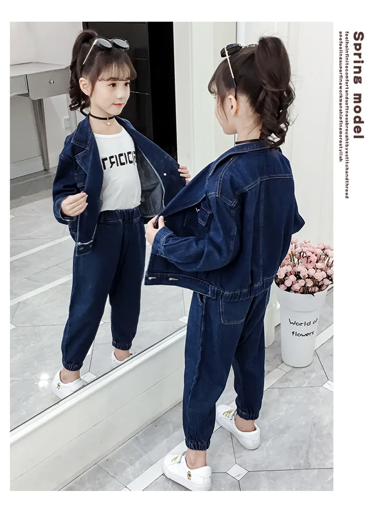 Новинка года, комплект детской джинсовой одежды на весну-осень, Size4-14 синего цвета с отложным воротником для девочек, комплекты детской одежды из 2 предметов, ly411