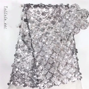 

Silver High Quality African Lace Fabric Net 2019 French Lace Fabric Tulle With Sequins Nigerian Lace Fabric For Wedding