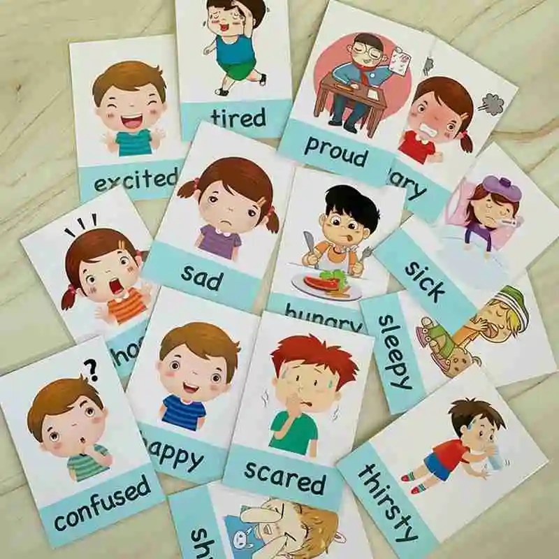 14pcs Cartoon Emotional Expression English Words Flashcards English  Learning Cards Kids Early Educational Memory Toys - Card Books - AliExpress