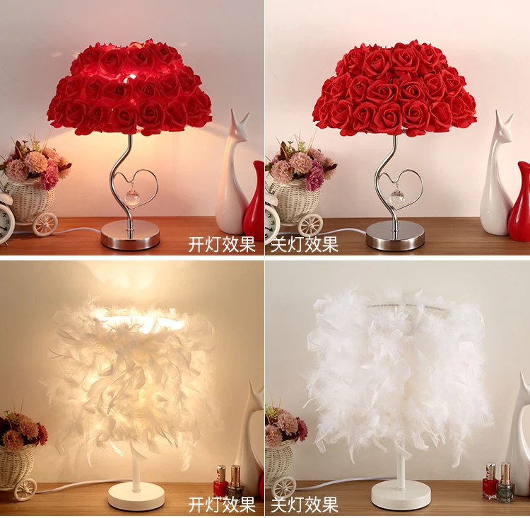 Creative Simple European Style Feather Table Lamp Bedroom Bedside Princess Wedding Room Warm LED Birthday Gift Rose Table Lamp