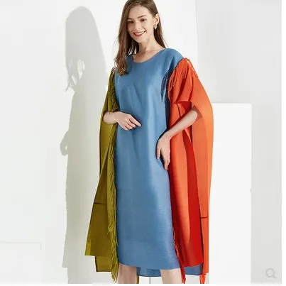 Многоцветный Горячая Распродажа Miyake модное платье с круглым вырезом и кисточками в стиле пэчворк - Цвет: Многоцветный