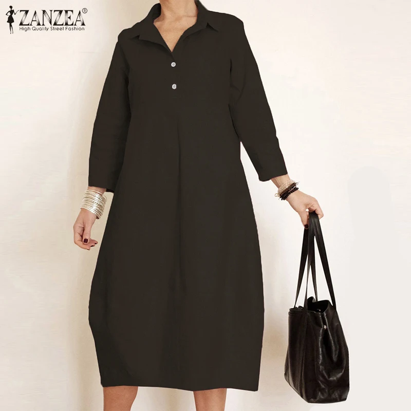 Koop ZANZEA Vrouwen Lange Mouwen Plain Jurk Casual Lange Shirt Jurken Turn Down Kraag Katoen Effen Baggy Vestidos Office Gewaad Femme