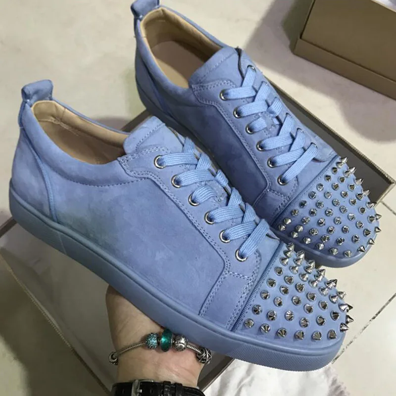 

(With Box)2019 Low Cut Shoes White Black Weave of Cowhide Lace Up Rivets Fashion Red bottom Shoes For Man Sneakers leather casual Flat