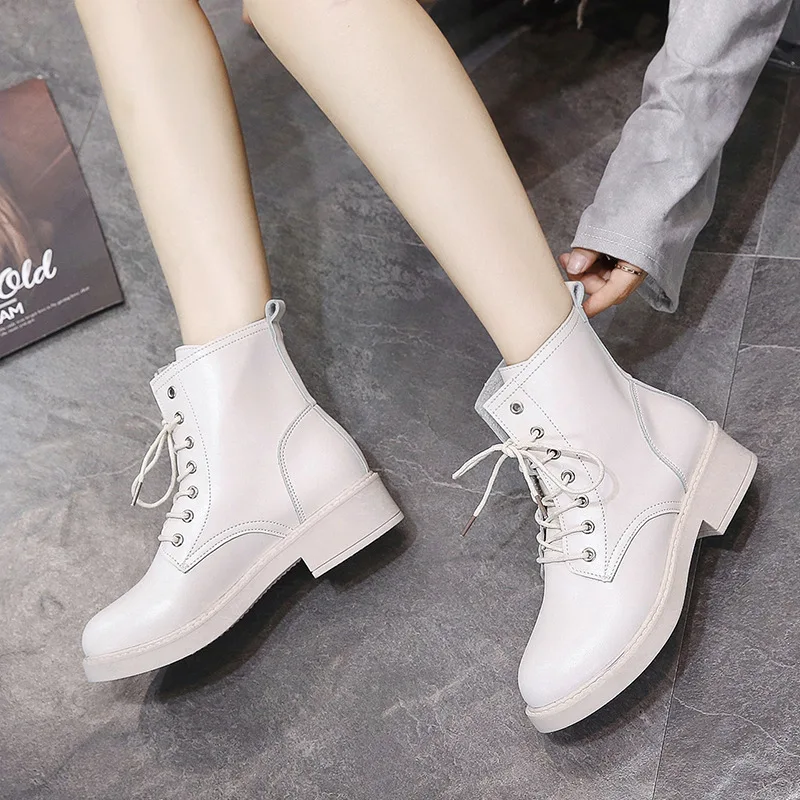 

Martin Boots Women's 2019 Martin Versatile Korean-style Chunky-Heel Semi-high Heeled Lace-up Martin Martin Boots Superfine Fibre