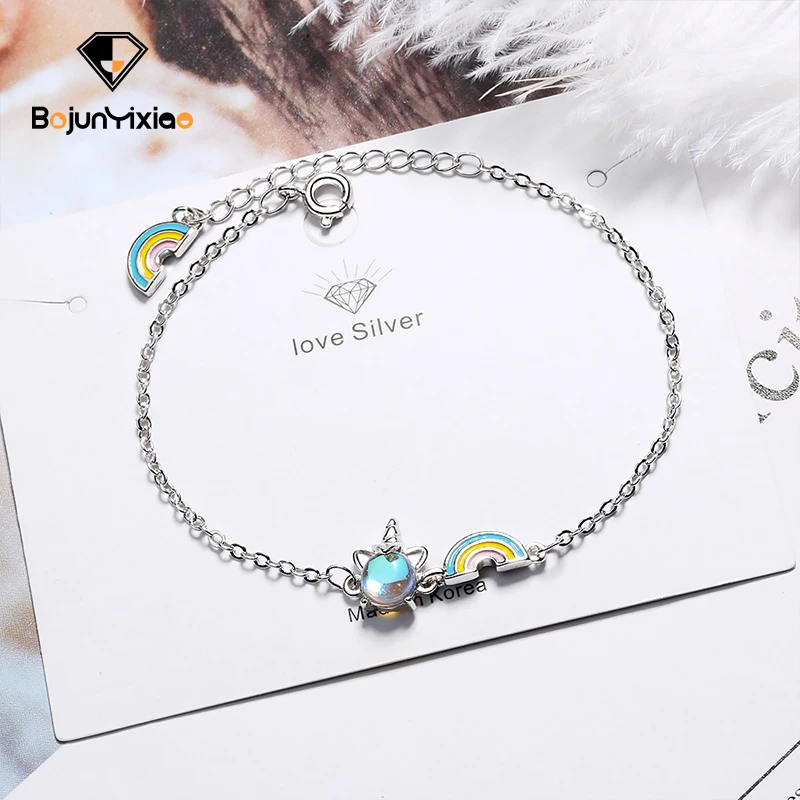 

Rainbow Unicorn crystal bracelets female 925 Silver Fashionable sweet and lovely student Bracelet Personalized women's Bracelet