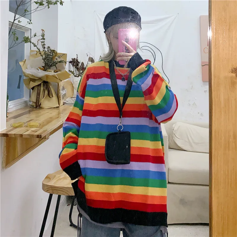 Neploe осенний Радужный свитер женские свободные вязаные пуловеры Harajuku уличная Женская винтажная Перемычка Sueter Mujer 55268