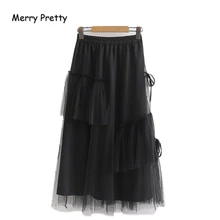 Merry Pretty, женские сетчатые лоскутные плиссированные юбки, осень, одноцветные эластичные юбки длиной до колена, юбки для девочек, элегантная юбка