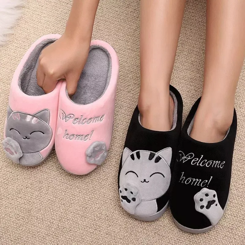 Oeak Zapatillas de casa de invierno para mujer, zapatos de gato de dibujos animados, antideslizantes, suaves Zapatillas de casa de invierno, para amantes del dormitorio interior, piso de parejas
