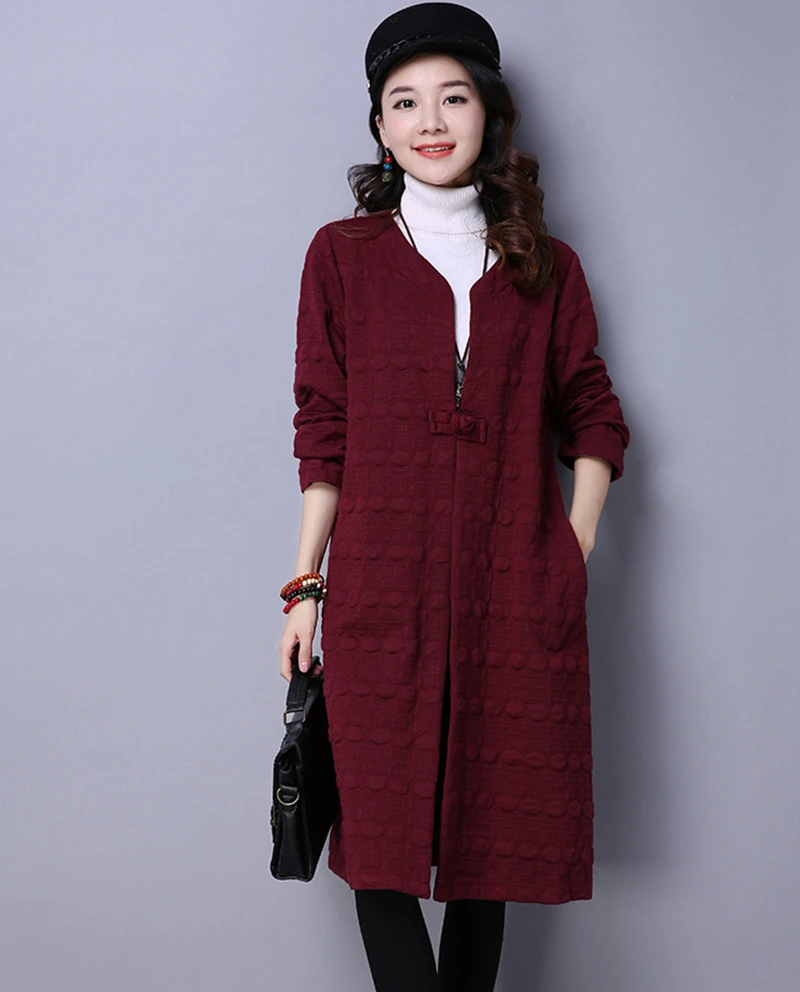 

New autumn spring women's retro Chinese style loose large size cardigan buckle in the long section of cotton windbreaker jacket