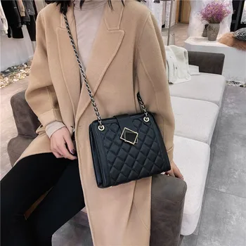 

Trend Rhombic Pattern Lock Shoulder Bag for Women's PU Leather Classic Large Capacity Handbags Casual Ladies Chain Diagonal Bags