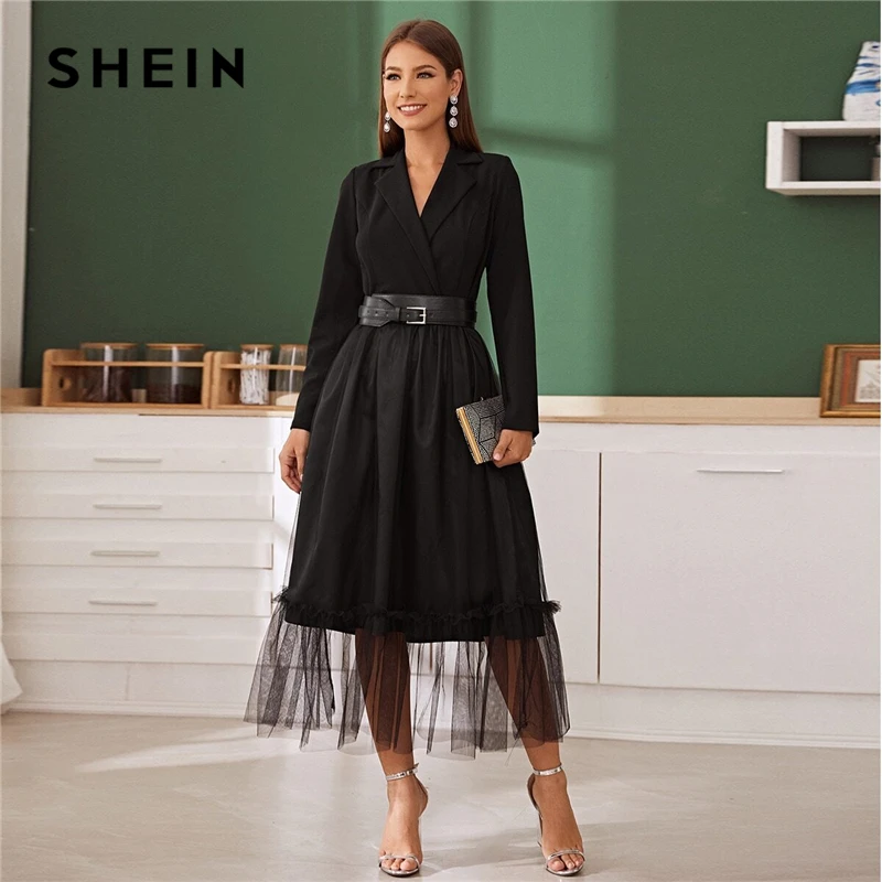 

SHEIN Black Notch Collar Without Belt Mesh Overlay Wrap Dress Women Autumn A Line Long Sleeve High Waist Glamorous Long Dresses