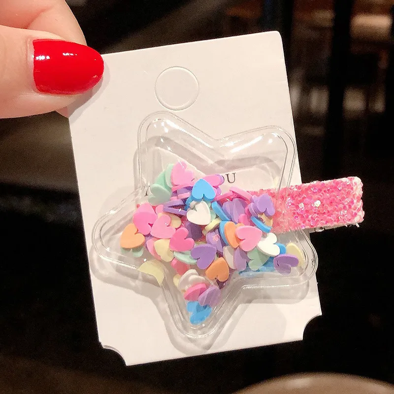 Star heart Cute Children Hair Clips Transparent Shiny Sequins Hairpins Stars Heart Geometric Barrettes Hairgrips Girls Princess Headwear - Цвет: Star heart
