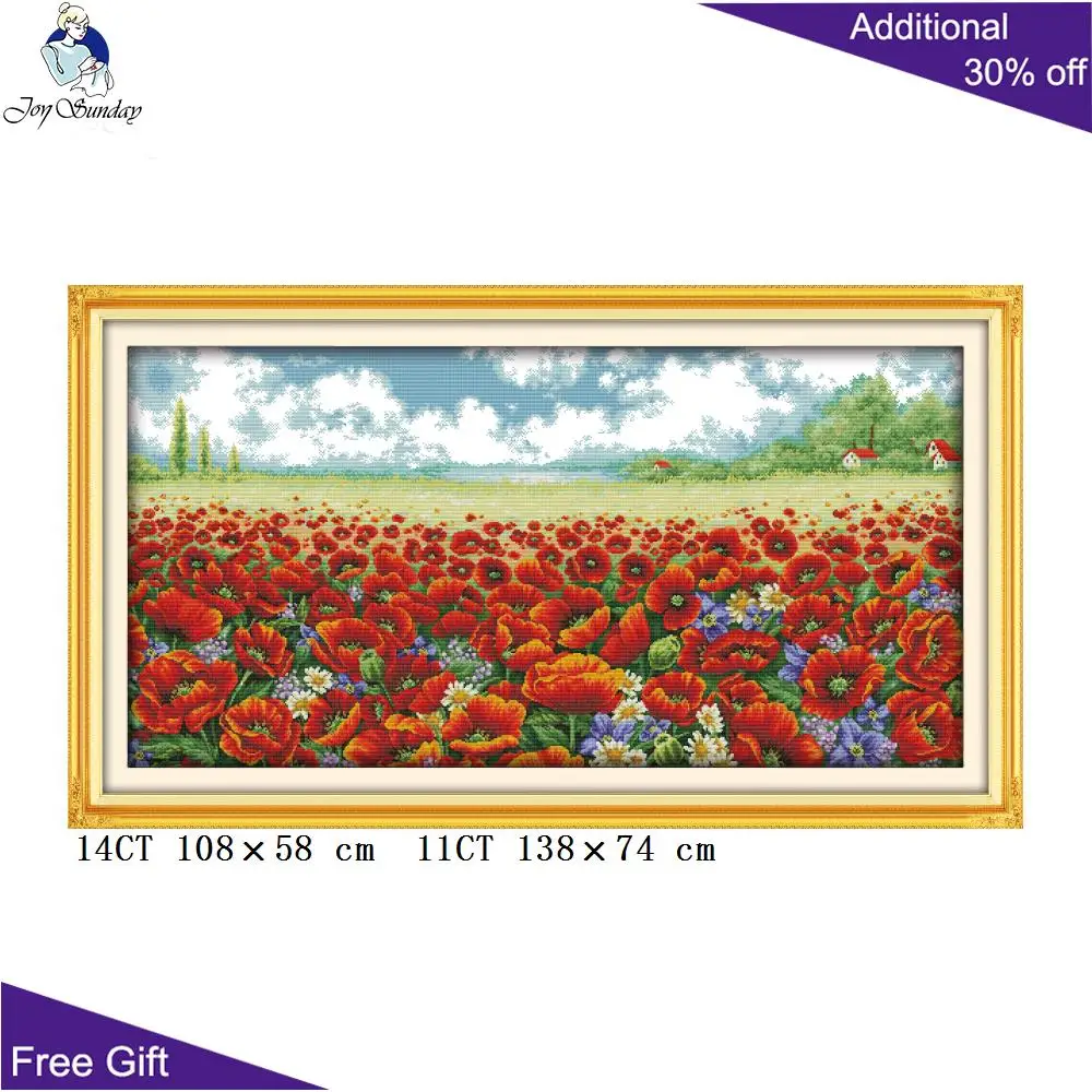 Набор для вышивки с цветами мака F775 14CT 11CT|joy sunday|cross stitch kitsembroidery cross |