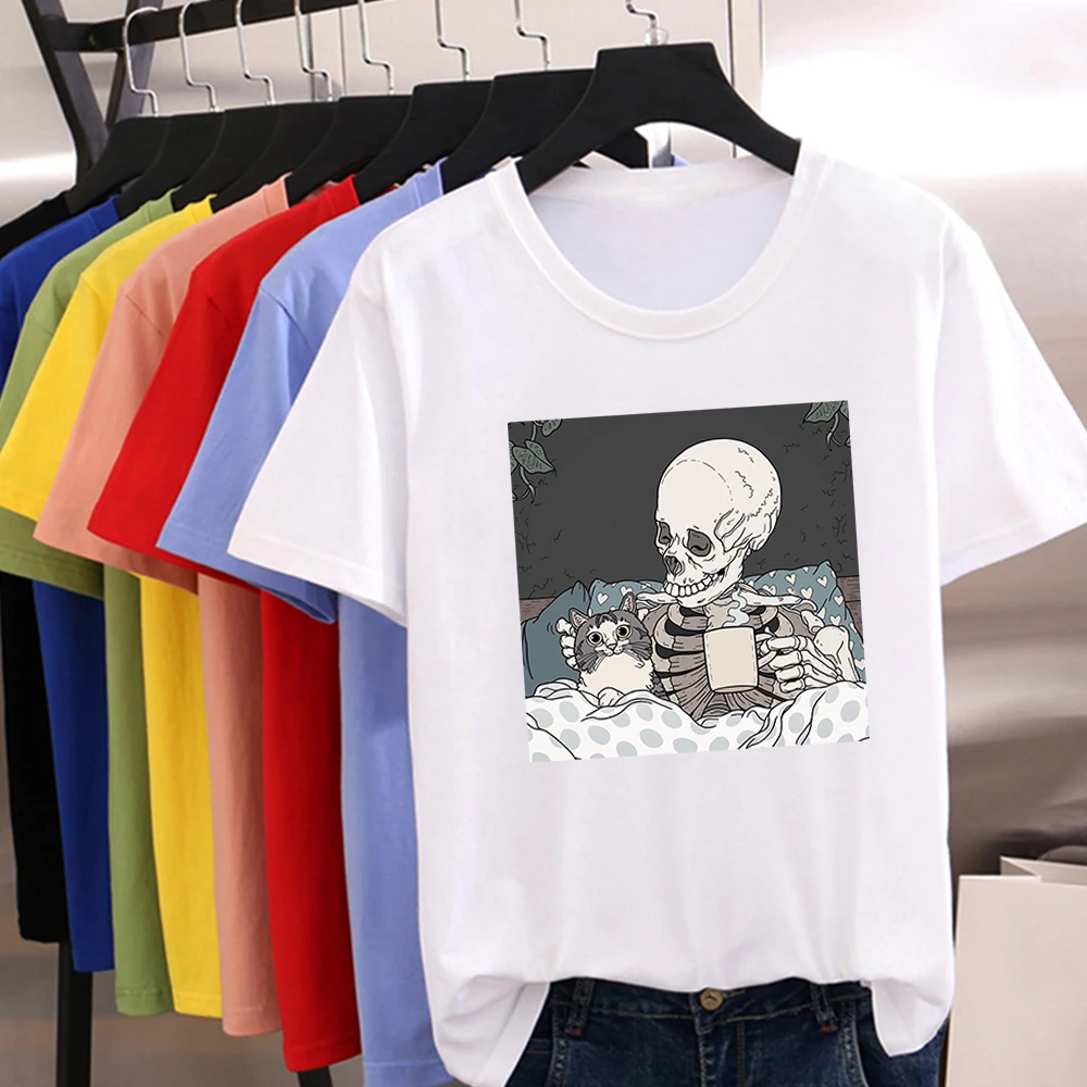 

Halloween style Skull and Cute Cat Femal Tshirt Cartoon Print kawaii Top Tees Women Harajuku Short Sleeve Multicolor T-Shirt