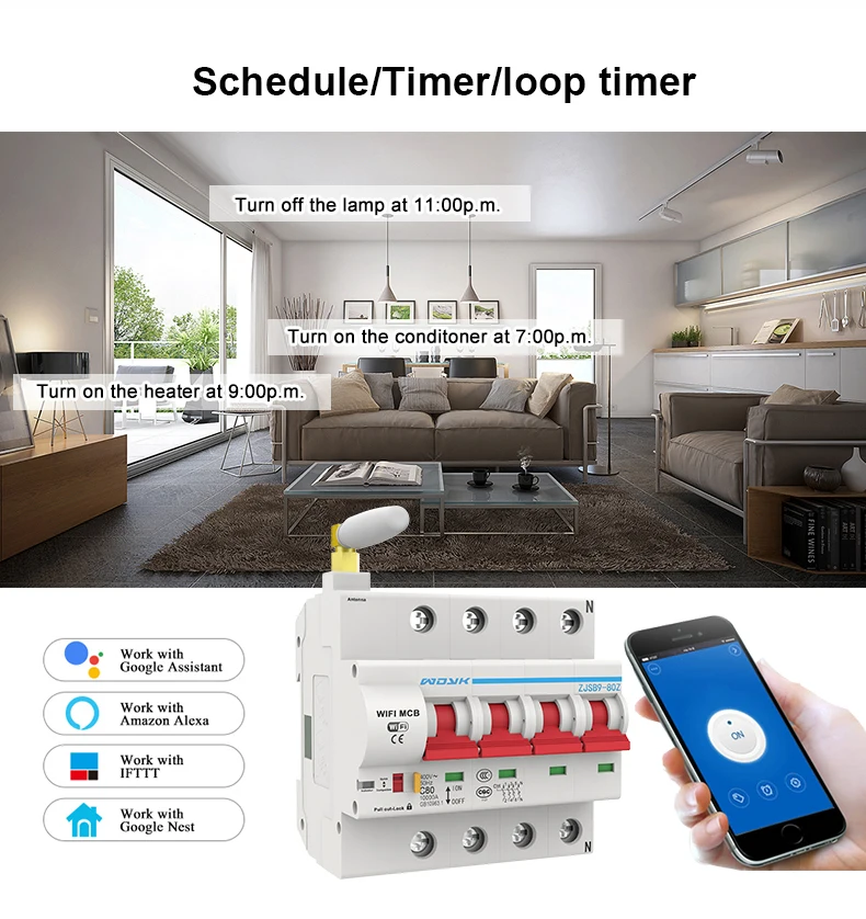 4P 80A WiFi умный автоматический выключатель защита от перегрузки и короткого замыкания с Amazon Alexa и Google home для умного дома