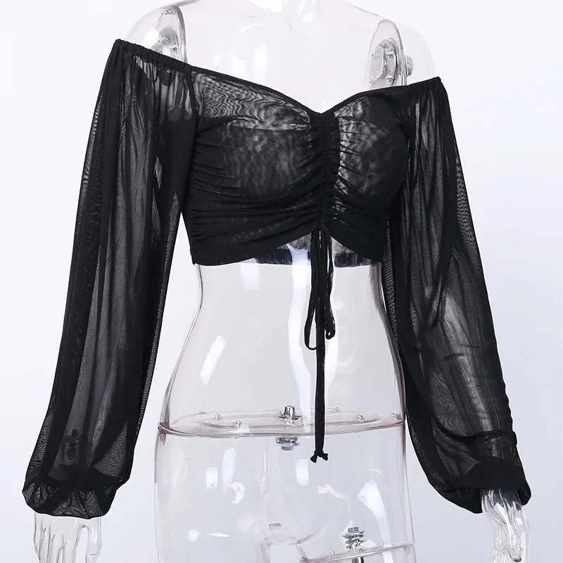 LVINMW сексуальный короткий топ с вырезом лодочкой и завязками, рукав-фонарик, весна, женская уличная футболка с открытыми плечами и открытой спиной