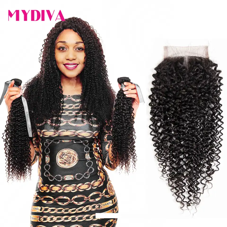 Kinky Curly Bundles With Closure Brazilian Weaves Human Hair 30