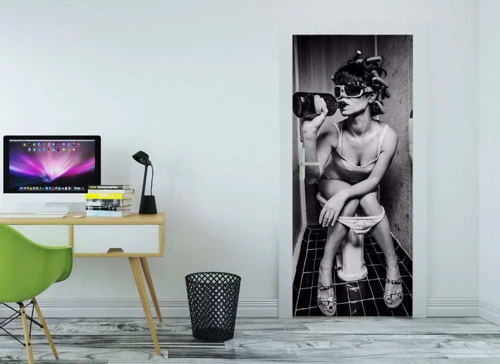 3D девушка пить в WC стены художественные двери Настенные обои фотообои Настенная