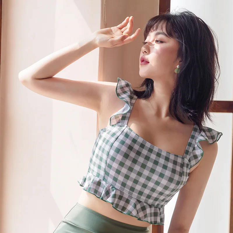 

Special Offer WOMEN'S Swimsuit Green Plaid fu gu ku Skirt Split Type Bikini Sports Hot Springs Swimwear Slimming South Korea